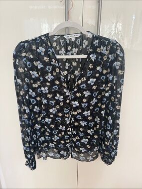 Veronica Beard Black Floral V-Neck Sheer Long-Sleeve Blouse